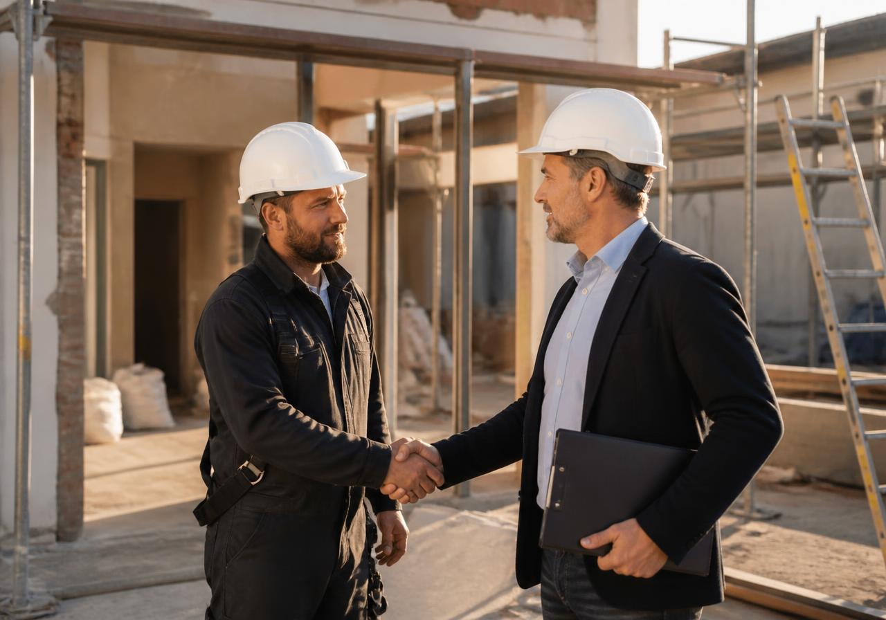 Un artisan et un responsable concluent une mise en relation sur un chantier